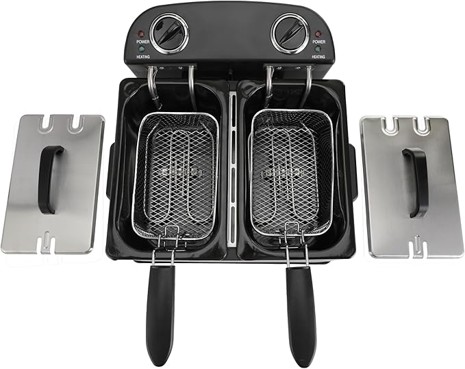 PantryPro 4 Liter / 4.2 Quart Stainless Steel Dual-Tank Electric Deep Fryer, 1800 W, Dual Temperature Control, 2 Baskets, Odor Filter