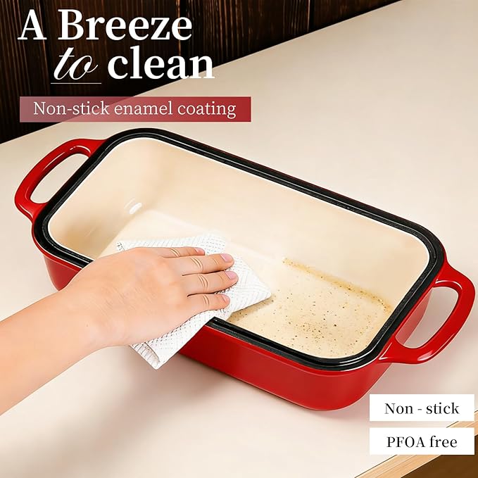 FUNKYLEE Enameled Cast Iron Bread Pan with Lid, 2-in-1 Loaf Pan for Baking Bread 8.5x4.5, Professional Sourdough Bread Pan for Homemade Bread, Set of 2, Red