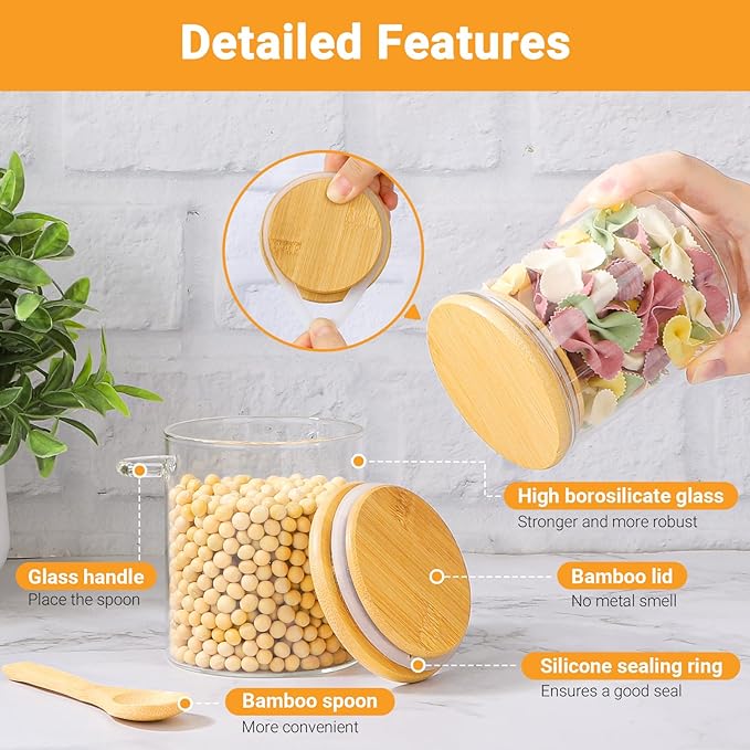 Glass Jars with Bamboo Lids and Spoon - 2 Pack 15 Fl.oz Round Glass Storage Jars with Airtight Lid, Clear Stackable Sugar and Coffee Container Set for Overnight Oats, Spice, Loose Tea,Candy