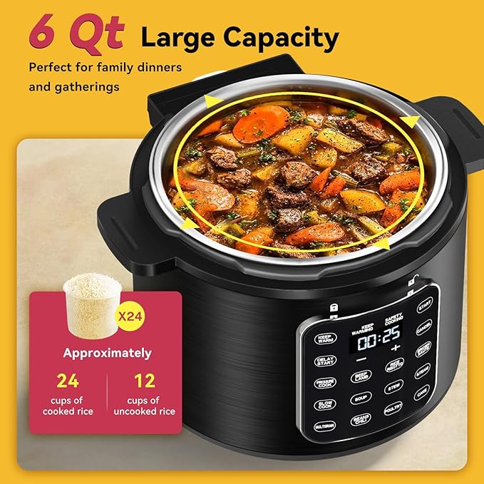 Electric Pressure Cooker 6 Qt, 9 Functions Programmable Instant Pot with IMD Touchscreen, Rice Cook, Slow Cook, Steam, Sauté, Warm, 16+ Safety Features, 1000W Black