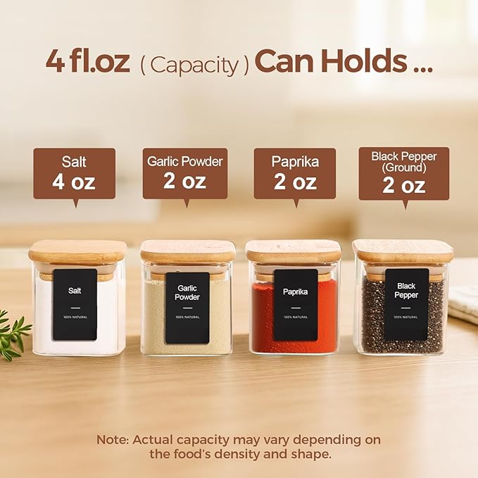ComSaf 16Pcs Spice Jars with Labes, Glass Jar with Bamboo Lid, 4oz Airtight Square Spice Containers with Black Lables, Empty Seasoning Jars for Spice, Salt, Pepper, Sugar