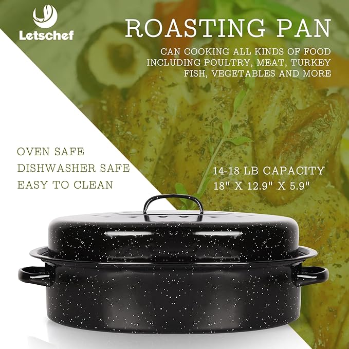 Roasting Pan 18.3 inch Roaster Pan Set Enamel Oven Roaster Pan with Lid for Turkey Chicken Cookware