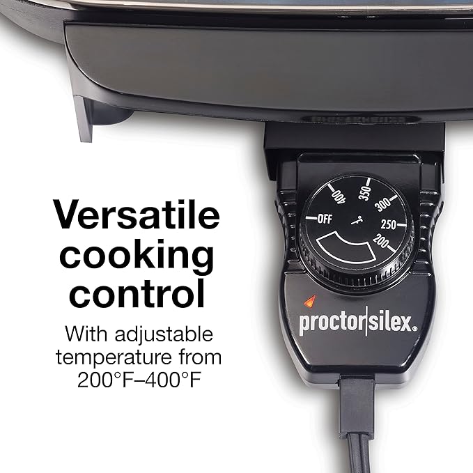 Proctor Silex Electric Skillet with Lid, 116 sq. in. Nonstick Cooking Surface for Frying, Sauteing, Simmering and Braising, Adjustable Temp 200° to 400° F, Black (38526PS)