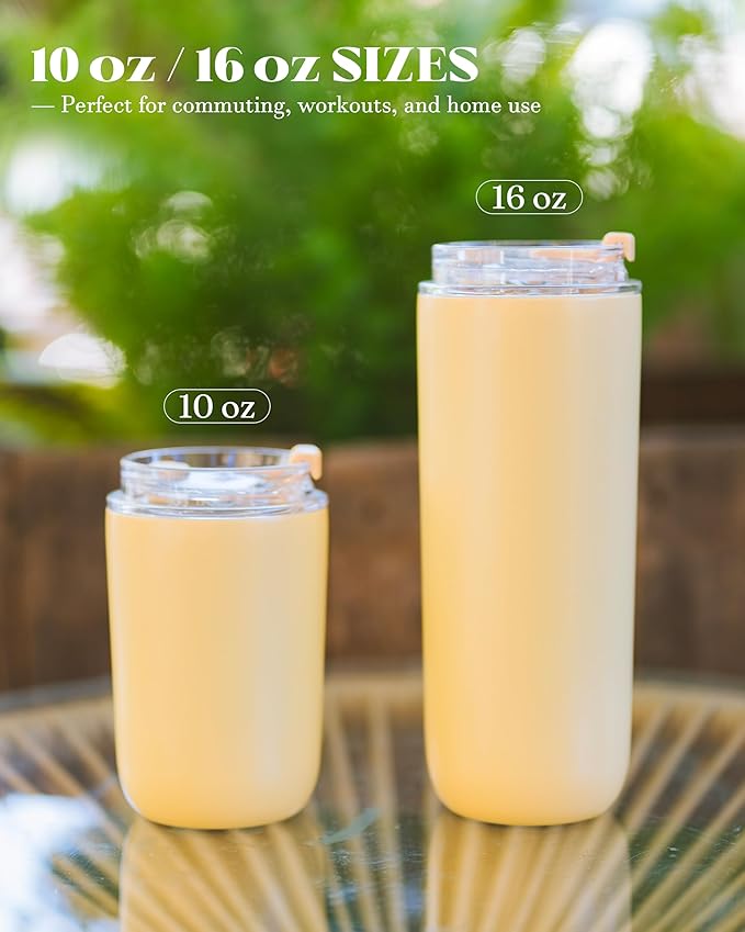 16 oz Insulated Coffee Tumblers, Travel Coffee Tumblers with Straw, Double-Wall Stainless Steel Tumbler, Leak Proof Tumbler, Reusable Cups with Lids for lced and Hot Drinks (Yellow)