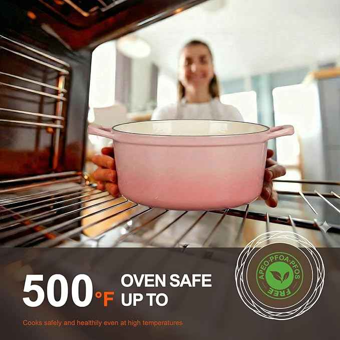 Overmont Refined Enameled Cast Iron Dutch Oven - 5.5QT Pot with Wide Handles Lid Cookbook & Cotton Potholders - Heavy-Duty Pre-Seasoned Cookware Oven Safe to 500°F for Braising, Stews, Roasting, Bread Baking