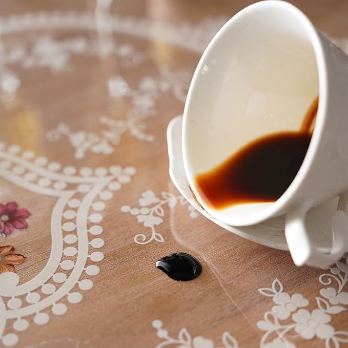 Clear Table Cover Protector Plastic Vinyl Table Cloth with White Lace Pattern Oil Spill Proof Plastic Tablecloths for Dining Tables Parties Holidays (French Lace, 52 x 70 Inches)