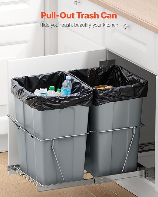 VEVOR Pullout Trash Can for Kitchen Cabinets, 35 QT x2 Double Under Sink Garbage Waste Recycling Bin, Under Mount Waste Container, with Heavy Duty Metal Full Extension Sliding System and Handle Grey