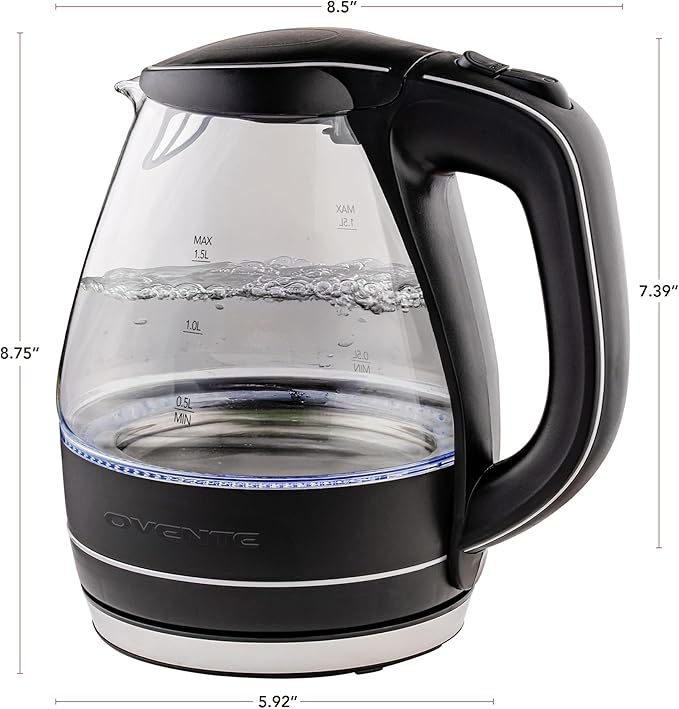 OVENTE Electric Kettle, 1.5L Borosilicate Glass Countertop Water Heater and Boiler for Coffee or Tea, BPA-Free, Auto Shut-Off, Boil-Dry Protection, Removable and Washable Spout Filter, Black KG83B