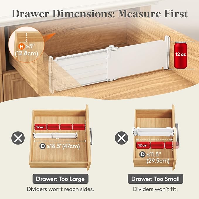 Lifewit 5" Tall 5 Pack Drawer Dividers, 30-47cm/11.5-18.5" Expandable Drawer Divider for Clothes, Adjustable Dresser Drawer Organizers, Drawers Separators for Dresser/Bathroom/Closet/Kitchen White