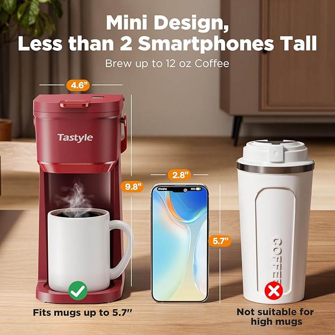 Tastyle Single Serve One Cup Coffee Maker, for K Cups and Grounds, Mini Coffee Maker with Portable Handle, 6 to 12 Oz Brew Size, for Travel, Camping, Office, RV and Dorm, 120V, Vintage Red