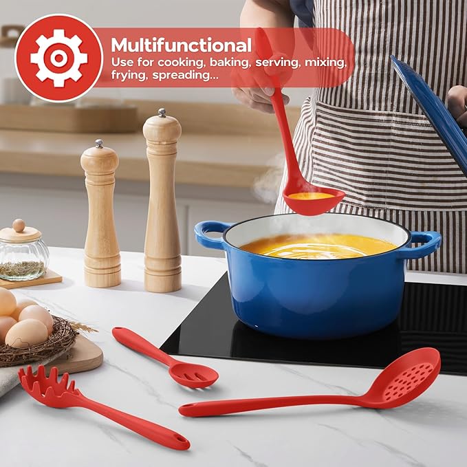 Onader Silicone Cooking Utensils Set, Red Kitchen Utensils 6 Pcs Set, Heat Resistant Kitchen Tool Kit, Nonstick Cookware Friendly & Non Toxic
