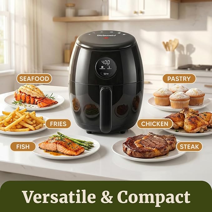 Elite Gourmet EAF2612D Personal 2.1Qt Compact Space Saving Programmable Hot Air Fryer, Oil-Less Healthy Cooker, Timer & Temperature Controls, 1000W, Black