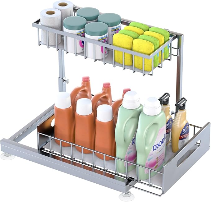 Saydear Under Sink Organizer Storage 2-Tier Premium Metal Pull-Out Kitchen Cabinet Organizer with Sliding Drawer, Height Adjustable, Heavy Duty for Kitchen & Bathroom Organizers 1 Pack Grey