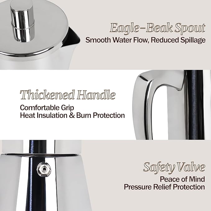 12 Cup Thickened Moka Pot 304 Stainless Steel 600ml Italian Espresso Coffee Maker Stovetop CoffeeMakers Mocha Pot Percolator for Induction Stove Classic Cafe Makers Portable for Easy Brewing