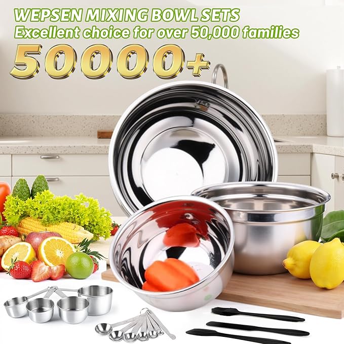 WEPSEN Mixing Bowls Set, 25PCS Stainless Steel Mixing Bowl with Lid Set, Large Nesting Bowls 7, 4.5, 3,2, 1.5QT, Measuring Cups and Spoons Baking Utensils Metal Bowl for Kitchen Prep