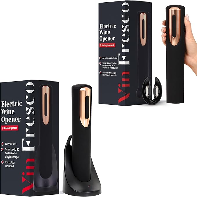Rechargeable Electric Wine Opener + Battery Powered Electric Wine Opener Gift Bundle Set (Black & Rose Gold)