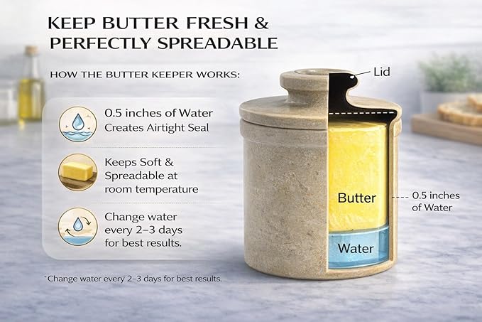 Verona Marble Butter Keeper - 4" French Butter Crock with Lid - Freezer Safe Stone Butter Dish - 90ml/3oz Capacity - Handwash Kitchen Storage