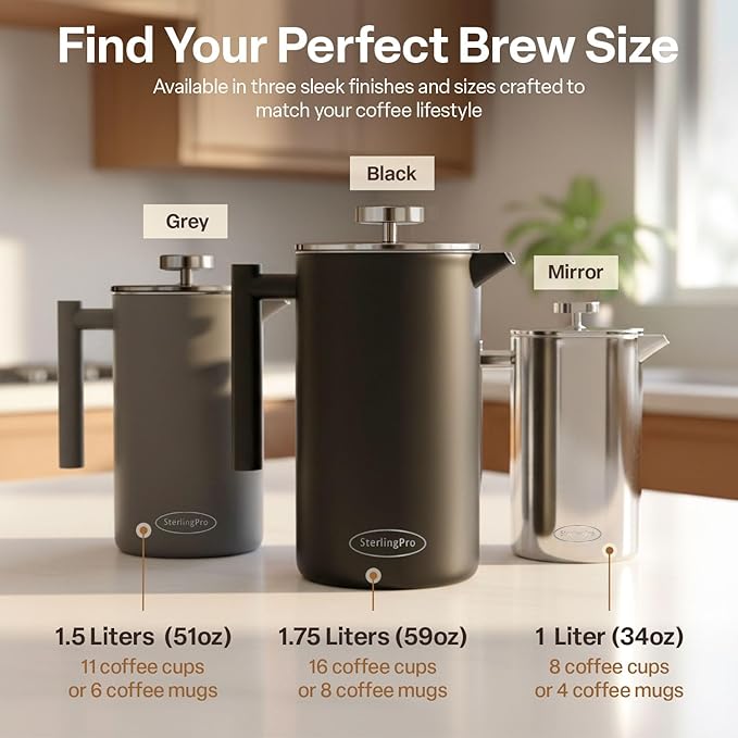 SterlingPro Stainless Steel French Press Coffee Maker 1 L (34 oz) Grey – Double Walled Insulated Large Coffee Press, Durable Design Keeps Drinks Hot, Easy to Use and Clean for Rich Flavor Brewing