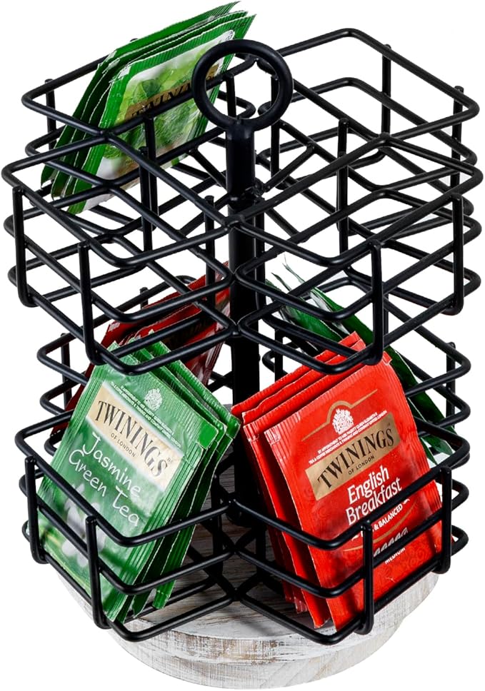 MyGift 8 Compartment Tea Bag Organizer Carousel, Black Metal Wire Packet Holder and 360 Degree Spinning White Washed Solid Wood Base, Coffee Station Storage Caddy