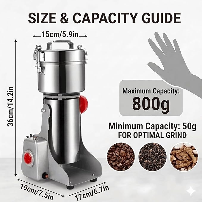 Electric Grain Mill Grinder 800g, High-Speed 110V Stainless Steel Grain Grinder for Flour, Dry Spices, Herbs, Coffee, Rice & Pepper, with 270° Swing Design & Powerful Motor (800g)