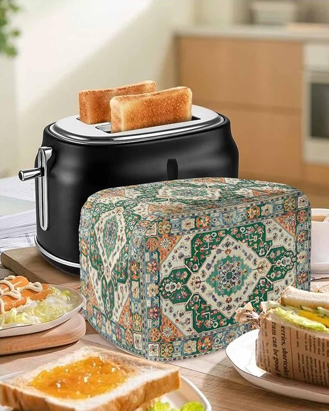 Green Orange Beige Boho Toaster Cover 2 Slice, Retro Ethnic Tribal Dustproof Bakeware Oven Protector with Top Hook, Abstract Art Waterproof Small Kitchen Appliance Toasters Dust Cover, 11"x6"x8"