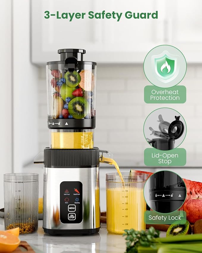 Kismile Cold Press Juicer Machine with Touch Control & 3 Modes, 4.5” Wide Feed Chute Slow Juicer for Whole Fruits & Vegetables, Stainless Steel Juicer Press, Easy to Clean, High Juice Yield for Home