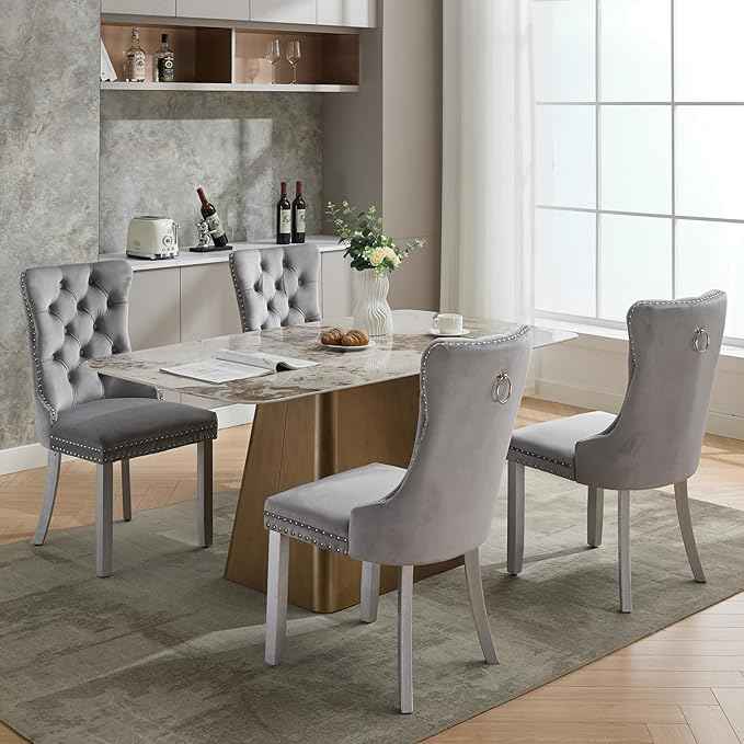 Velvet Dining Chairs Set of 6, Kitchen & Dining Room Chairs, Upholstered Dining Chairs with Back Ring Pull and Silver Solid Wood Legs, Modern Tufted Kitchen Chairs for Dining Room, Light Grey