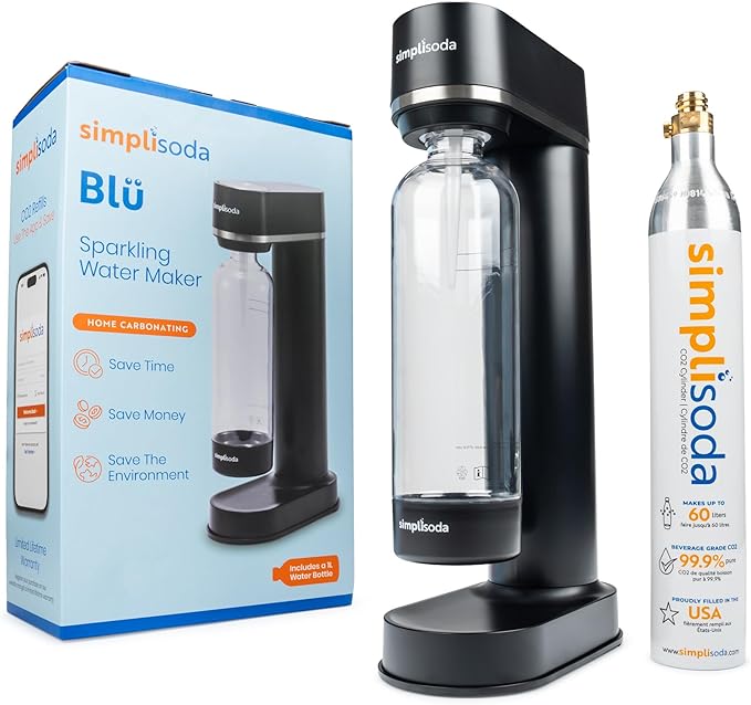 Simpli Soda BLÜ Sparkling Water Maker, Premium Soda Streaming Machine, Carbonated Water Machine and Soda Maker - Black (Machine + 1 CO2 Cylinder)