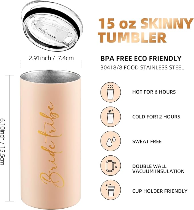 Bride Tribe Gifts Set of 6 Cups Bachelorette Party Favors Wedding Gifts for Bridesmaid Bride Stainless Steel Skinny Tumbler with Lid and Straw 15 OZ Pink