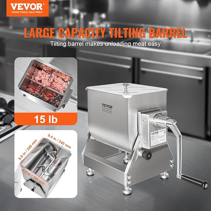 VEVOR Manual Meat Mixer, 15 Pound Capacity Tilt Tank Meat Mixer, Stainless Steel Meat Processing Equipment, Sausage Mixer Machine with Lid and Handle, Ground Beef Hand Mixer, Silver