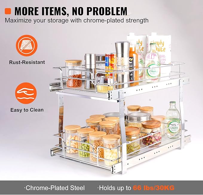 VEVOR Pull Out Cabinet Organizer, 14" Wx21.2 Dx15.2 H Heavy 2 Tier Duty Slide Out Pantry Shelves, Chrome-Plated Steel Roll Out Drawer for Under Sink, 15.5" Wx22.5 Dx19 H Install Size for Cabinet