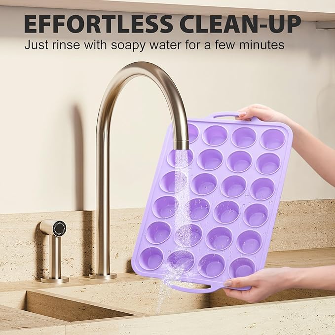 Mini Silicone Muffin Pan with Metal Frame, Non Stick Silicone Cupcake Pan with Handles 24 Cup, BPA Free Silicon Muffin Tin Tray Small for baking, egg bites, Cupcake Mold Purple