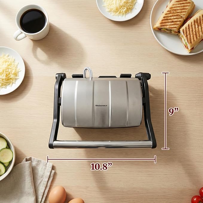 Elite Gourmet EPN-2976 2-in-1 Nonstick Panini Press & Indoor Grill, Opens 180-Degree Gourmet Sandwich Maker, Floating Hinge Fits All Foods, Contact Grill with Removable Grease Tray, Stainless Steel