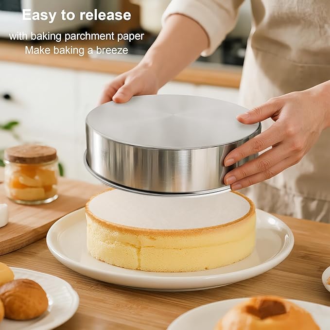 9½ Inch Cake Pan Set of 2, Nonstick Circle Stainless Steel Round Layer Cake Baking Pans Tins with 100PCS Parchment Paper for Birthday Christmas, Healthy & Non-Toxic, Silicone Spatula & Dishwasher Safe
