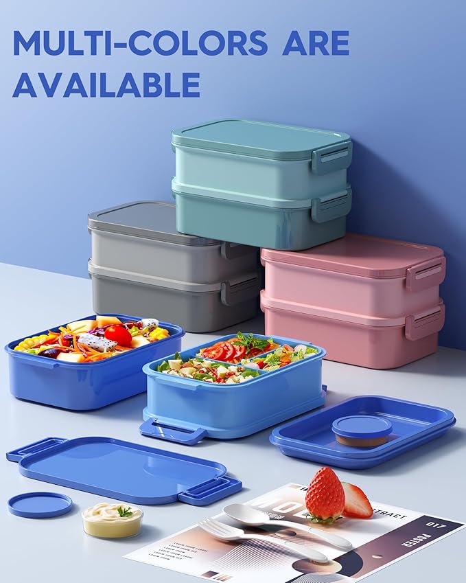KEMETHY Adults Bento Lunch Box Set with Thermo Bag, 74oz Stackable Leak-proof 3-tiers Bento Box, Built-in Utensil and Sauce Container for Work, School, Dining Out (Blue)