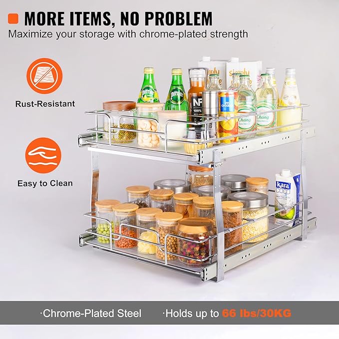 VEVOR 2 Tier 17"Wx21.2"Dx15.2"H Pull Out Cabinet Organizer, Heavy Duty Slide Out Pantry Shelves, Steel Roll Out Drawers, Sliding Drawer Storage for Home, 18.5"Wx22.5"Dx19"H Install Size for Cabinet