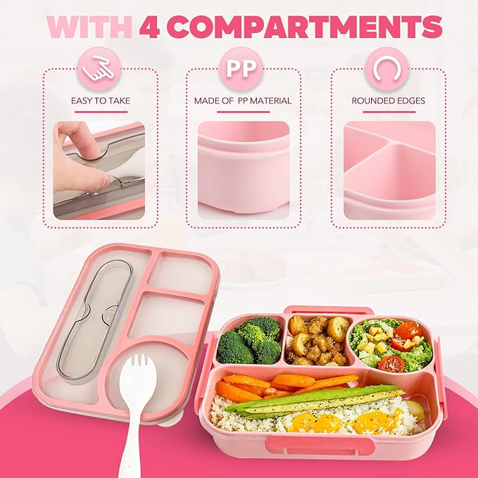 EASYFUN Bento Box Adult, Lunch Box, 4-Compartment Lunch Containers, Drop-Proof, Dishwasher Safe & Made with BPA-Free Materials (Pink)