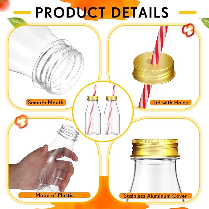 Irenare 40 Sets Plastic Small Milk Bottles with Straws and Metal Lids Clear Plastic Bottle for Dairy Milk Party Bottle for Milk Juices Shakes Smoothies, 40 Bottles and 40 Straws (Gold,8 oz)