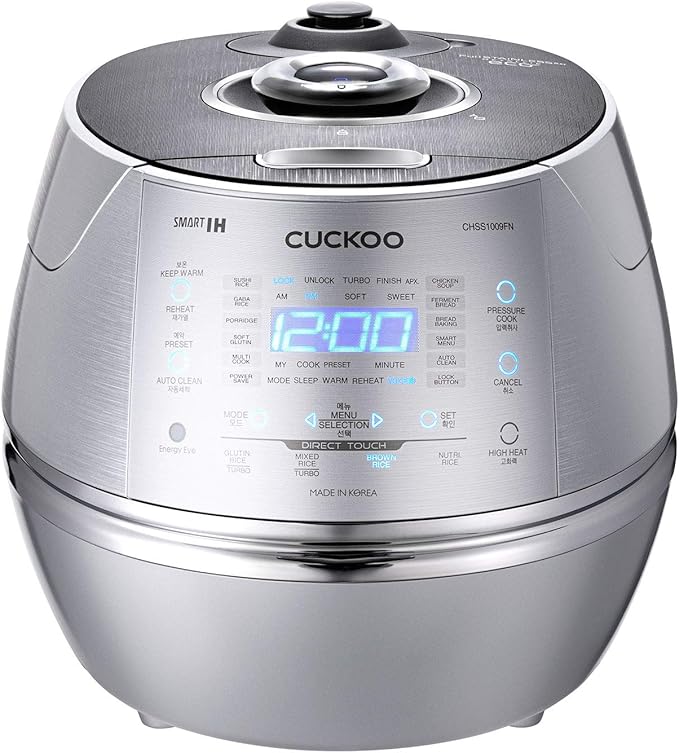 CUCKOO High Pressure Rice Cooker 10-Cup Uncooked / 20-Cup Cooked with Induction Heating Technology, Large Rice Maker with 17 Menu Options and Steam Plate, Voice Guide, Silver (CRP-CHSS1009FN)