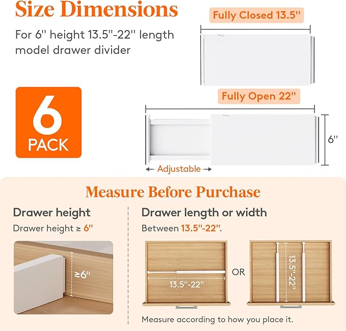 Lifewit 6 Pack 6" High Drawer Dividers 34-56cm/13.5-22" Adjustable Drawer Organizer for Clothes/Utensils, Expandable Drawer Separator in Dresser/Kitchen/Bedroom/Office Organization & Storage White