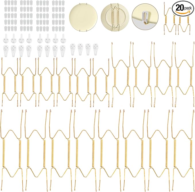 Bilillo 20 Pieces Stainless Steel Spring Plate Hangers for The Wall, 4/6/8/10 Inch Invisible Wire Holders with 20 Pcs Wall Hooks, Fit 4-11 Inch Decorative Plates, Platters & Dishes (Gold)