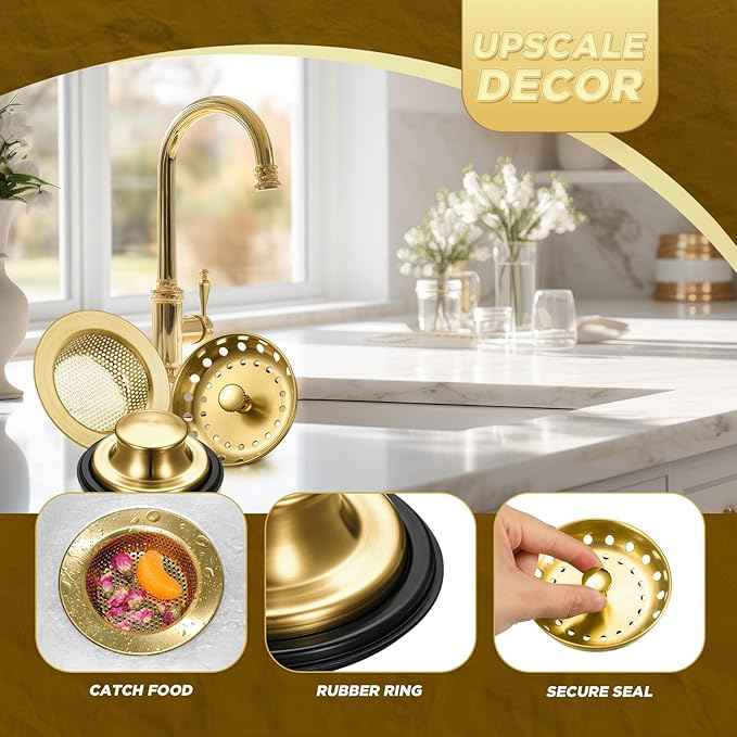Mudder 3 Pcs Kitchen Sink Drain Strainer and Stopper Stainless Steel Garbage Disposal Plug with Handle Universal Anti-Clogging Kitchen Sink Filter Sieve Basket Strainer(Antique Gold)