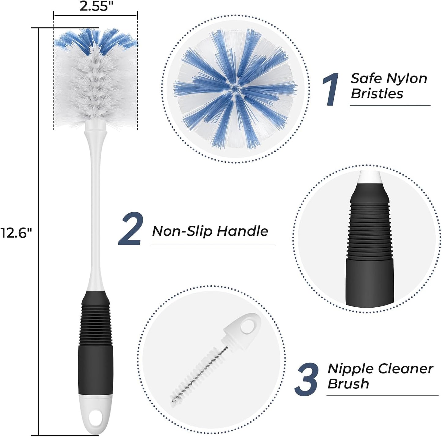 Amazer Bottle Brush Cleaner, Long Flexible Handle Bottle Brush Scrub for Water Bottles, Glasswares, Tumblers, Travel Coffee Mugs, 2 Pack