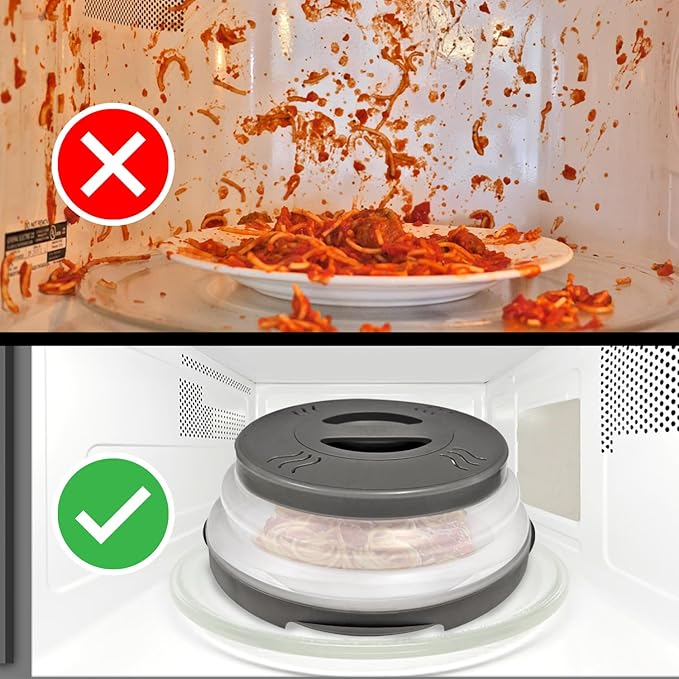 HOVER COVER 2 PACK Magnetic Microwave Splatter Cover with High Power, Strongest Magnetic Grip, Collapsible 12-Inch BPA-Free Food Lid, Vented Plate Guard, Dishwasher Safe, Space-Saving Storage - Gray