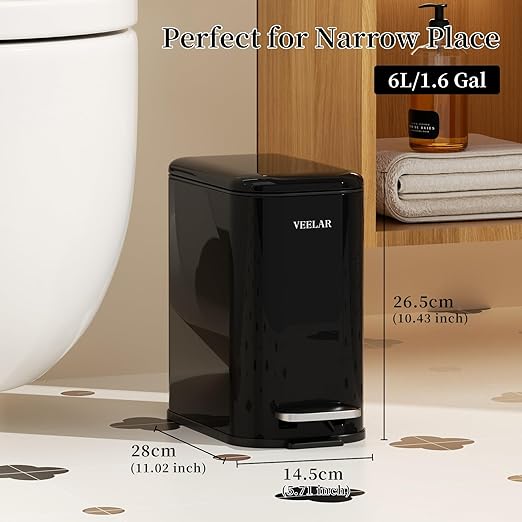 Slim Bathroom Trash Can with Lid, 1.6 Gallon / 6 Liter Stainless Steel Trash Bin, Step Pedal Garbage Cans for Bedroom, Kitchen, Office (Black)