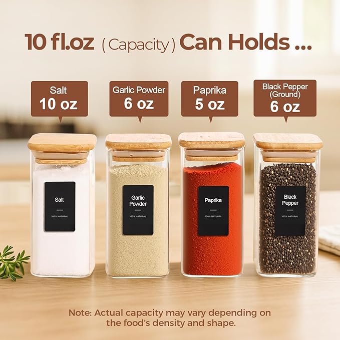 ComSaf 12Pcs Spice Jars with Labels, Glass Jar with Bamboo Lid, 10oz Airtight Square Containers with Black Lables, Empty Seasoning Jars for Spice, Salt, Pepper, Sugar