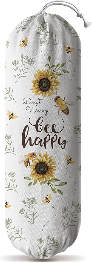 Hglian Kitchen Grocery Bag Holder,Bee Happy Plastic Bags Organizer Shopping Trash Bags Storage,Cute Bee Sunflower Farmhouse Home Décor