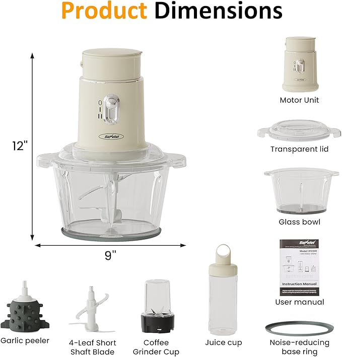 Sunvivi 250W Blender and Food Processor, 4 in 1 Electric Food Chopper for Grinding Meat, Peeling Garlic & Juicing, Variable Speed with 1.5L Glass Bowl & 2 Cups (0.4L+0.2L)