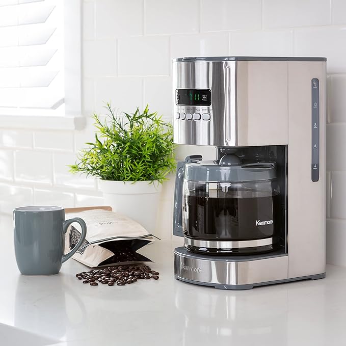 Koolatron Kenmore Elite Drip Coffee Maker - 12-Cup Programmable Coffee Machine With Glass Pot, Pause and Pour, Auto Shut-Off, Large Water Reservoir, Reusable Filter, Dishwasher Safe Carafe