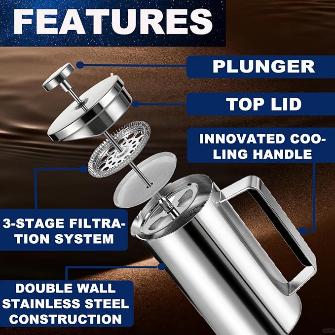 Samll French Press Coffee Maker 21OZ, Stainless Steel 600ml Coffee Press with Black Handle for Personal, Office, Travel,Camping (Sanding Silver, 1-3 Cups)